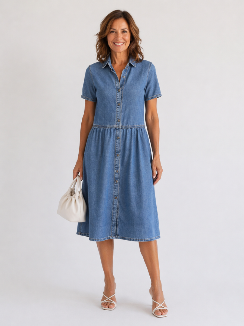 Cornelia | Casualowa Codzienna Jeansowa Sukienka Midi w Stylu Vintage