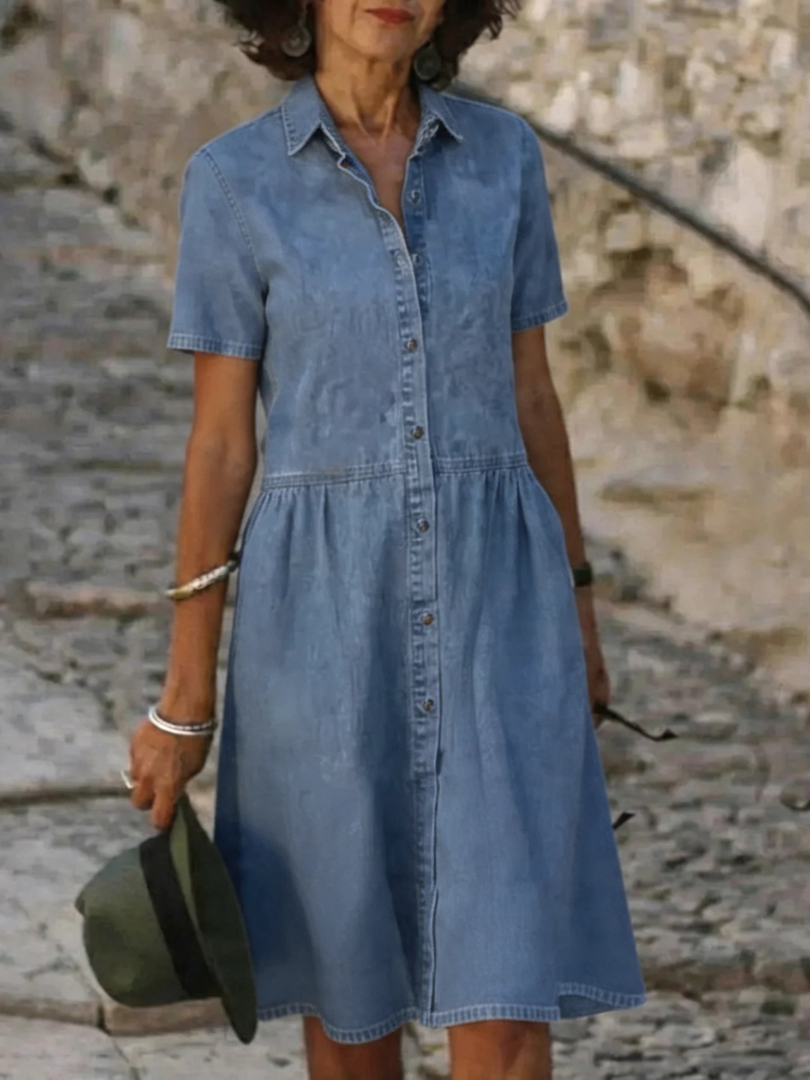 Cornelia | Casualowa Codzienna Jeansowa Sukienka Midi w Stylu Vintage