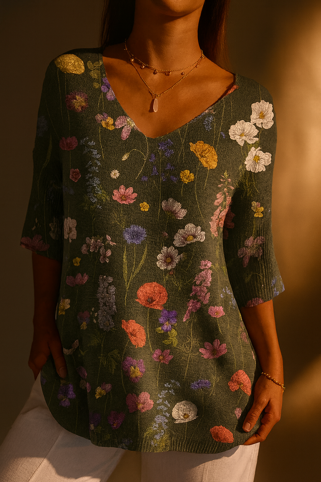 Damski sweter z dzianiny z nadrukiem w żywy wiosenny wzór z ogrodu botanicznego, styl casual