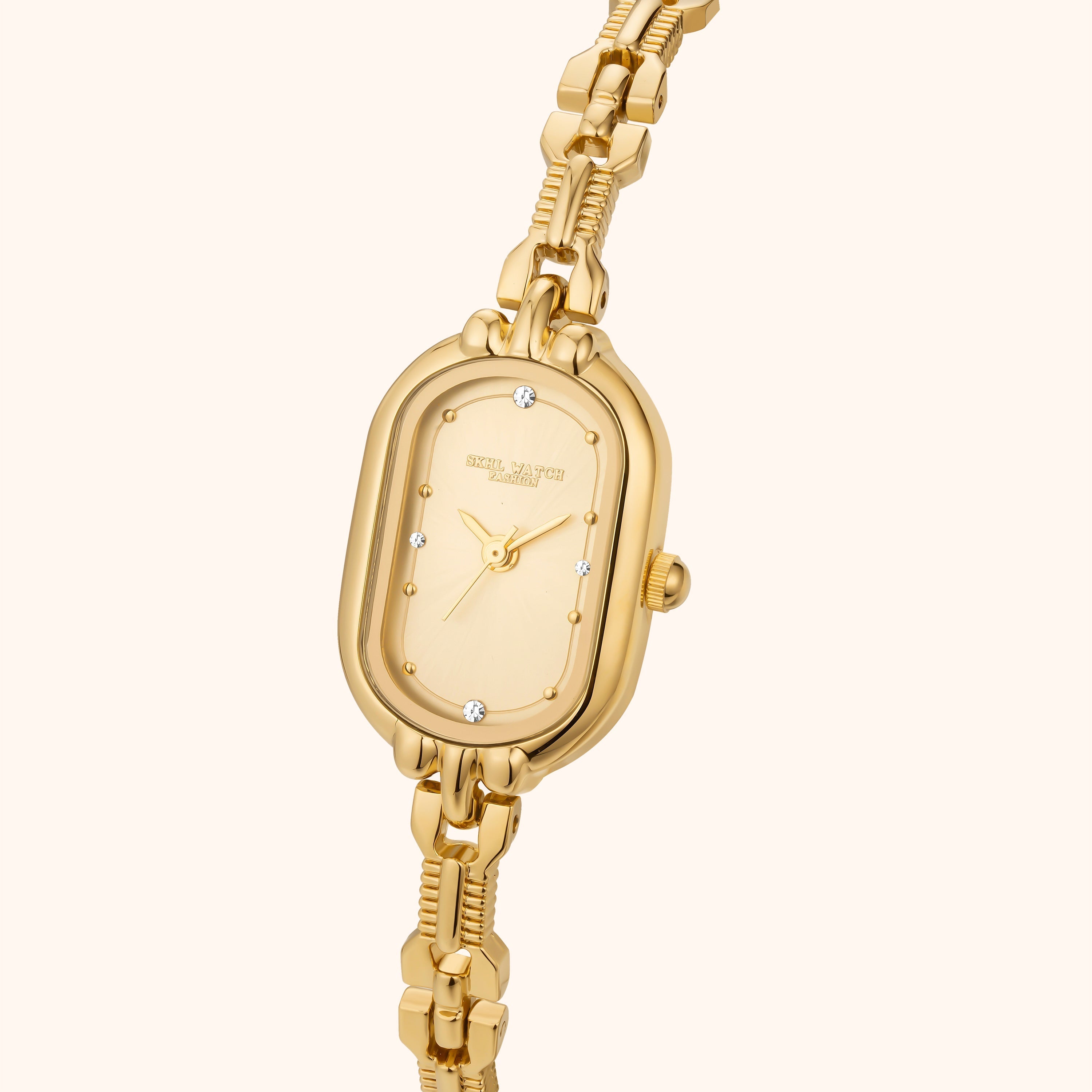 Luksusowy Złoty Zegarek Damski – Elegancki Owalny Design z Mechanizmem Kwarcowym
