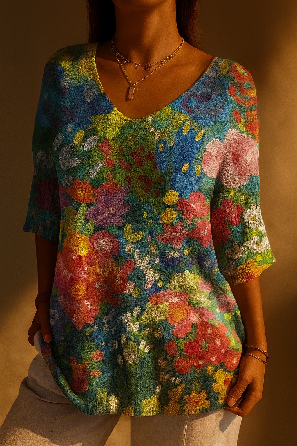 Damski sweter z dzianiny w kwiatowy wzór, w stylu vintage, swobodny