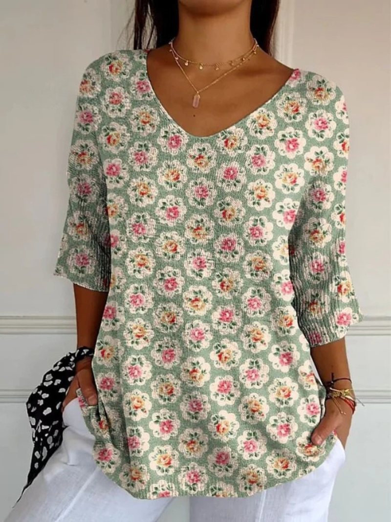 Damski sweter typu pulower z dzianiny we wzory vintage etno-kwiatowe, na co dzień