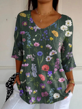 Damski sweter z dzianiny z nadrukiem w żywy wiosenny wzór z ogrodu botanicznego, styl casual