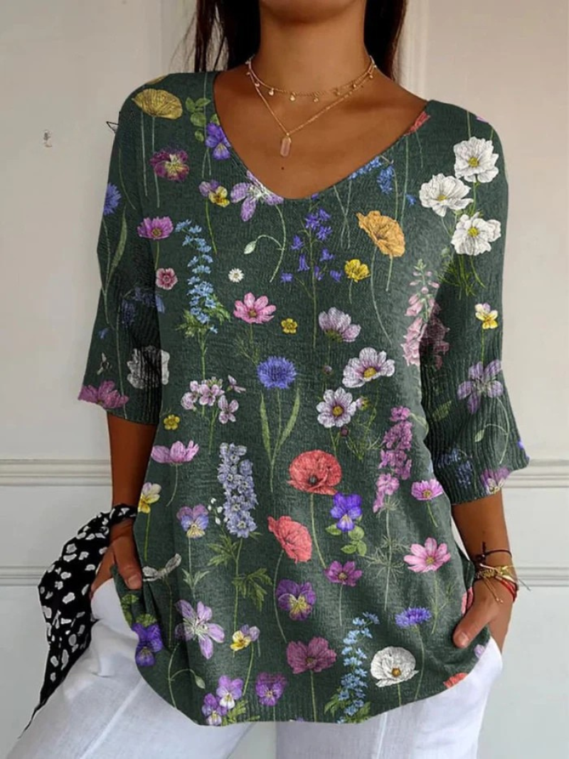 Damski sweter z dzianiny z nadrukiem w żywy wiosenny wzór z ogrodu botanicznego, styl casual