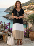 Thalia | Short Sleeve Color Block V Neck Midi Dress