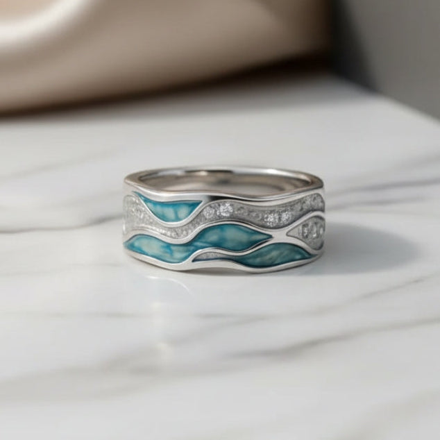 Elegancki Turkusowy Srebrny Pierścień z Falistym Wzorem